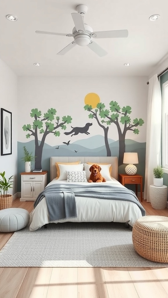 A themed dog room with nature murals, a cozy bed, and a friendly dog.