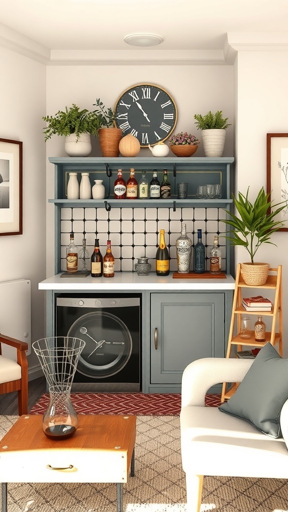 A stylish themed mini bar with blue cabinetry, a variety of alcohol bottles, plants, and decorative items.