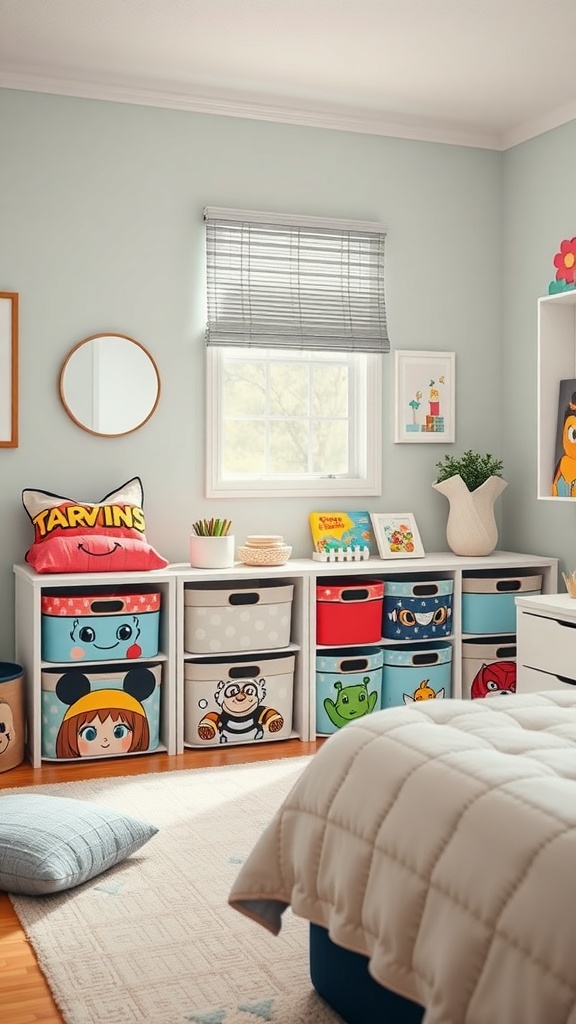 A bright room with colorful themed storage bins for toys, featuring playful designs.