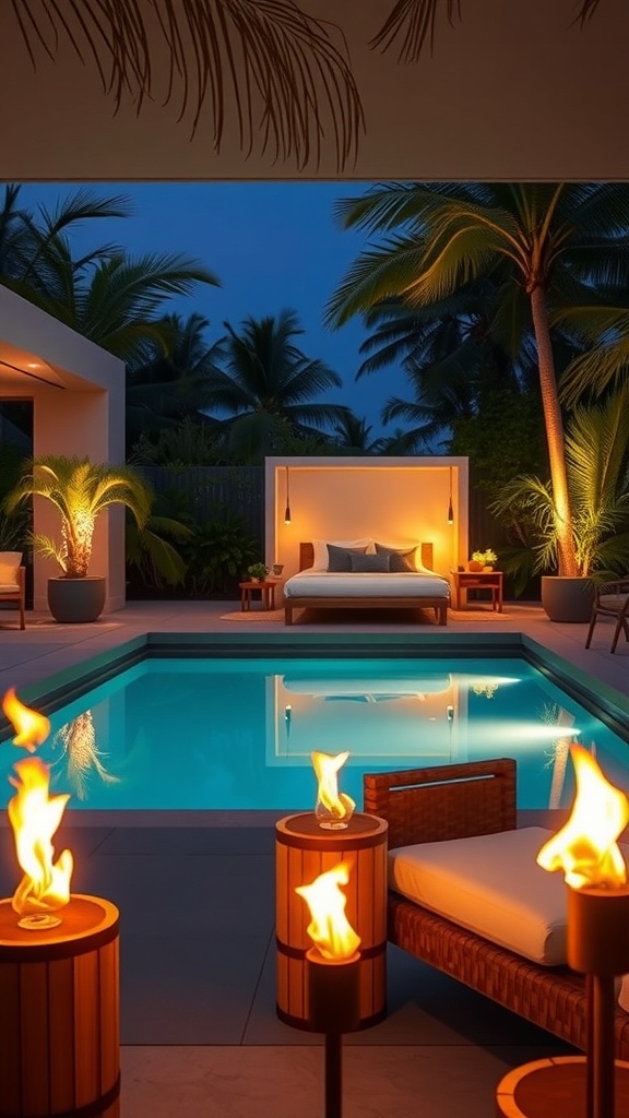 A cozy outdoor space with tiki torches around a pool, surrounded by palm trees.