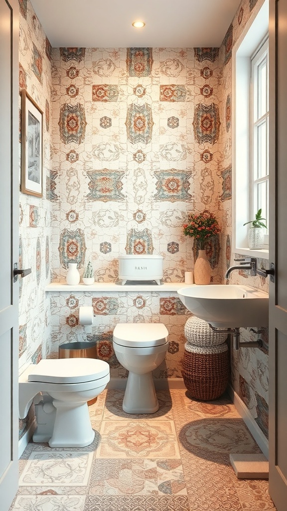 Tiny full bathroom with intricate wall tiles and stylish decor