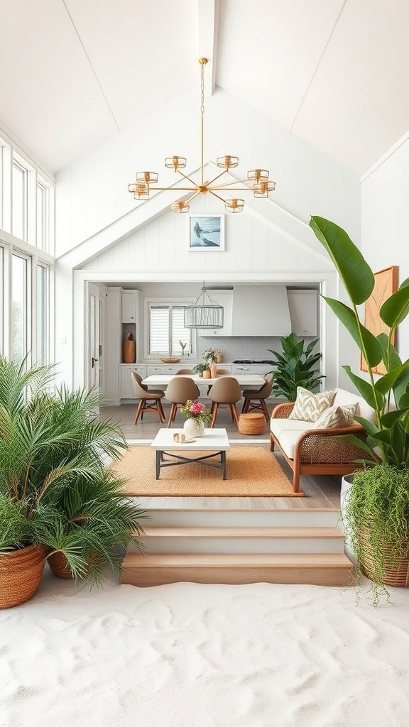 Interior of a tiny beach house with lush plants and bright decor, featuring a welcoming atmosphere.