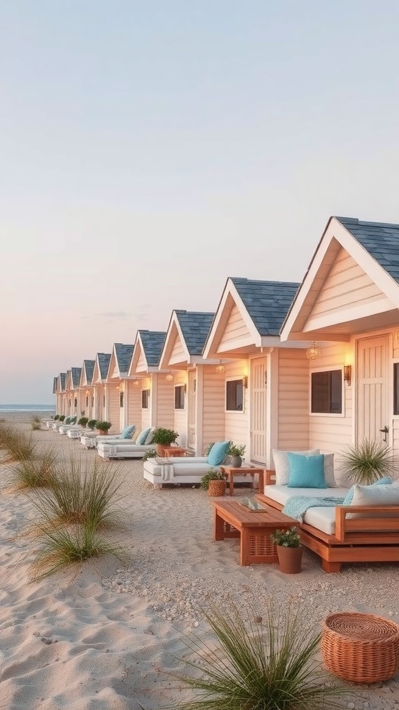 Row of tiny beach houses along the shore with cozy seating and vibrant plants