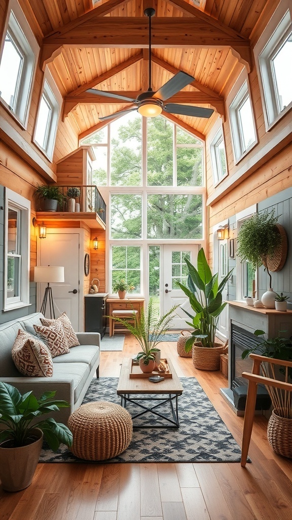 Cozy interior of a tiny house with large windows and wooden decor