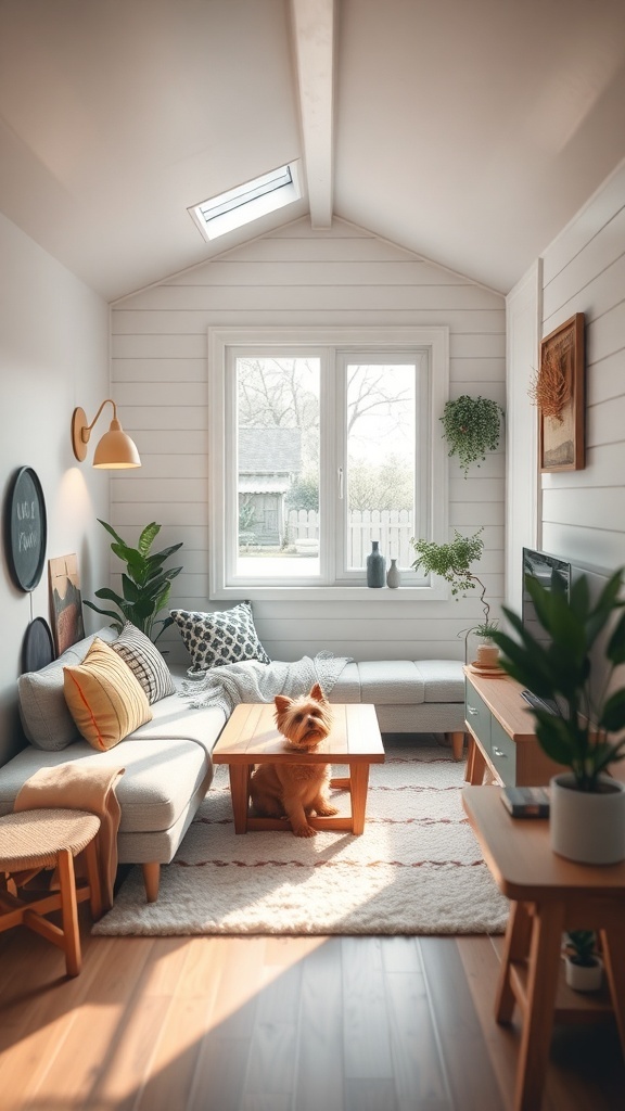 A cozy tiny house interior featuring a dog sitting near a coffee table, bright windows, and plants.