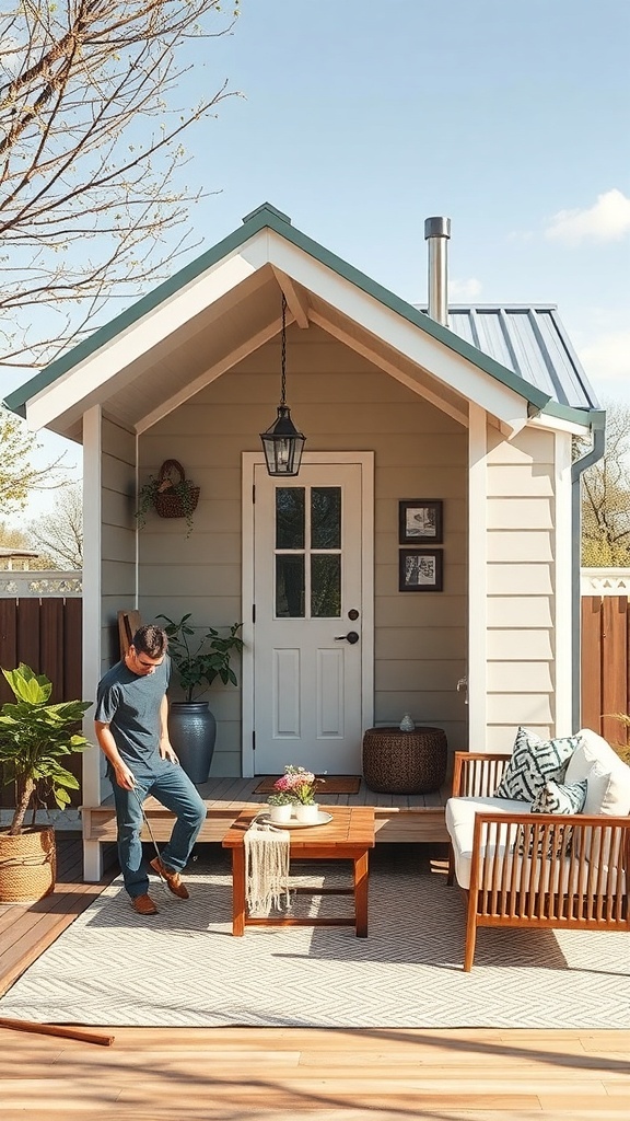 A tiny house on wheels with a patio area, plants, and a person performing maintenance.