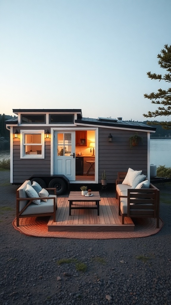 A tiny house on wheels with a cozy outdoor seating area near a serene body of water.
