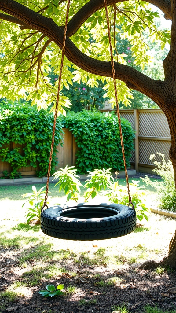 A tire swing hanging from a tree in a sunny backyard