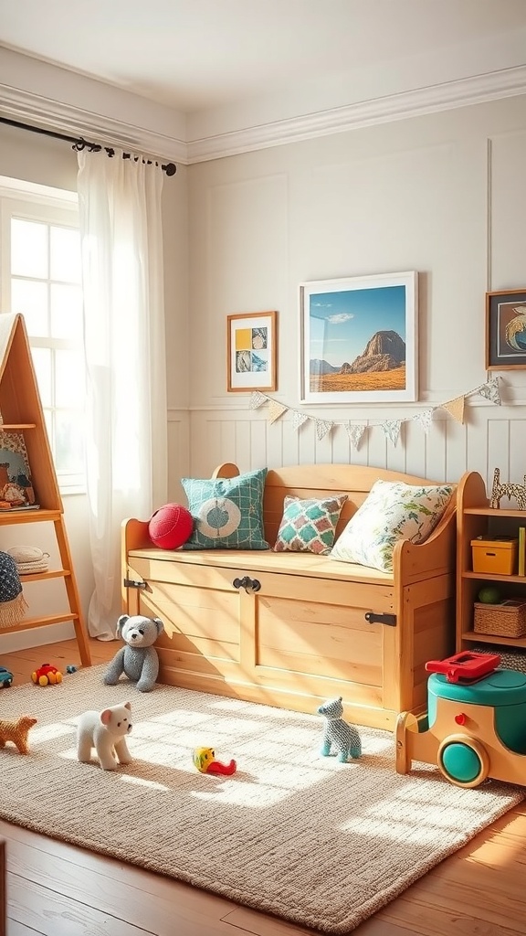 A cozy playroom featuring a wooden toy chest that doubles as seating, surrounded by colorful toys and decor.
