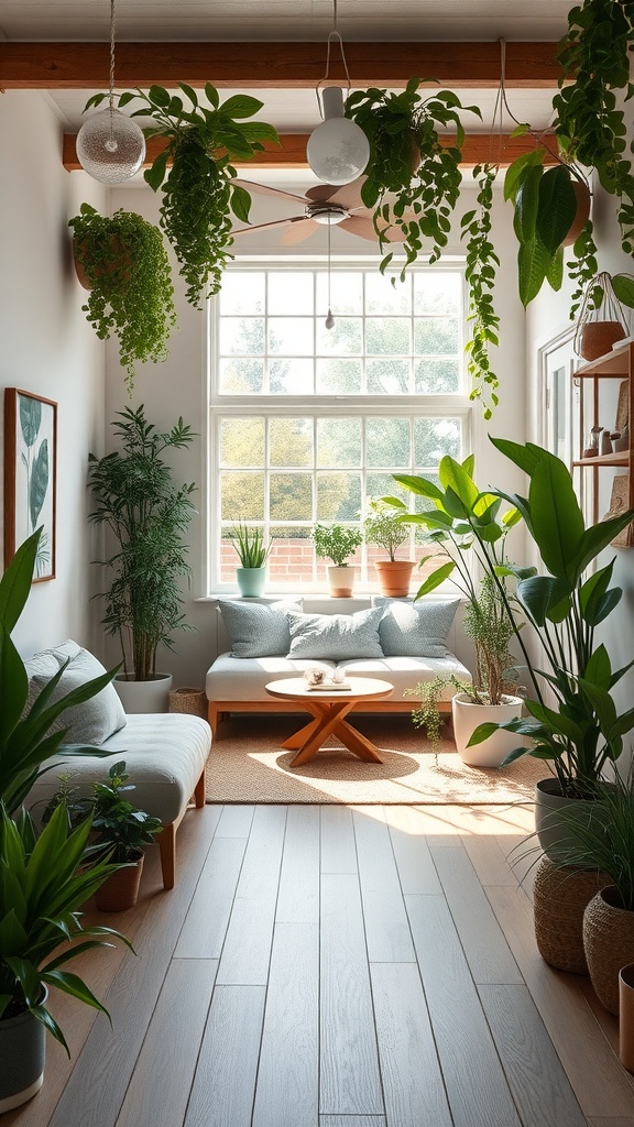 A cozy indoor garden oasis with plants, a sofa, and natural light.