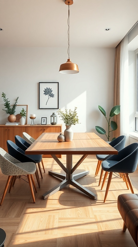 A stylish dining area featuring a transforming table, elegant chairs, and warm lighting
