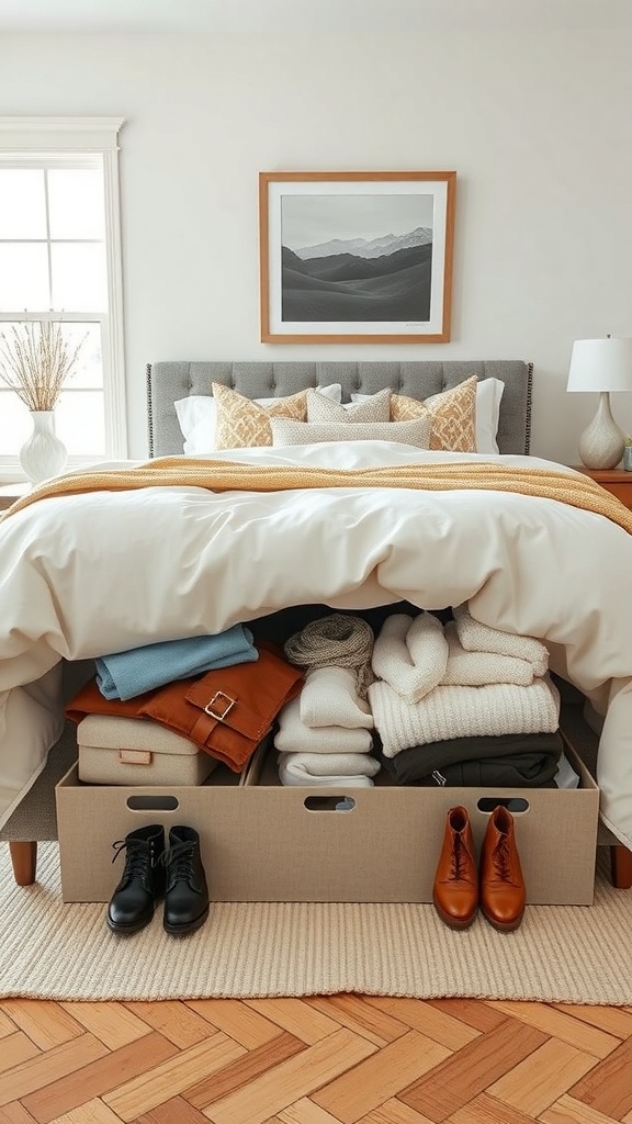A cozy bedroom with a neatly organized under-bed storage box containing blankets, shoes, and clothing.