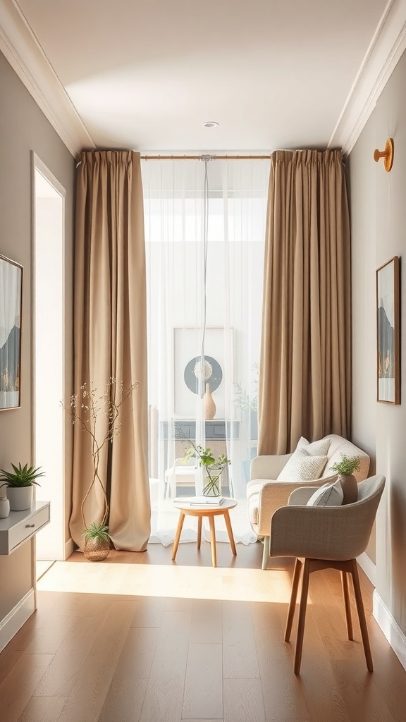 A cozy entryway featuring beige curtains, a small table with plants, and a comfortable chair