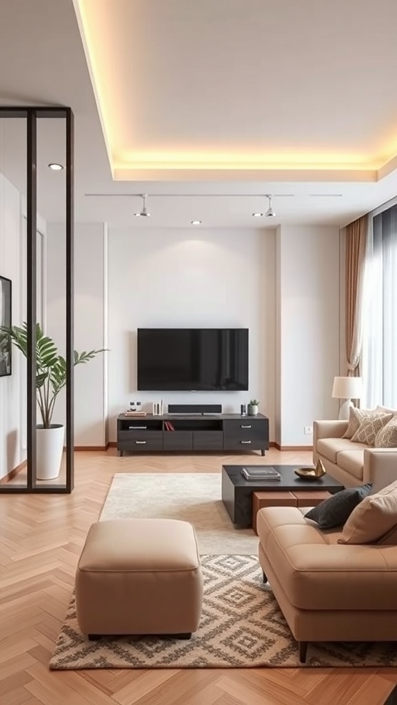 A stylish living room with a partition, TV unit, cozy sofa, and warm wooden flooring.