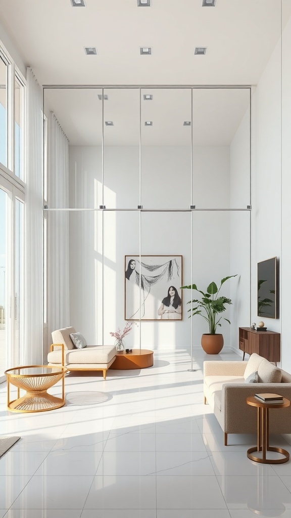 Stylish foyer with transparent acrylic screens separating spaces, featuring modern furniture and decor.