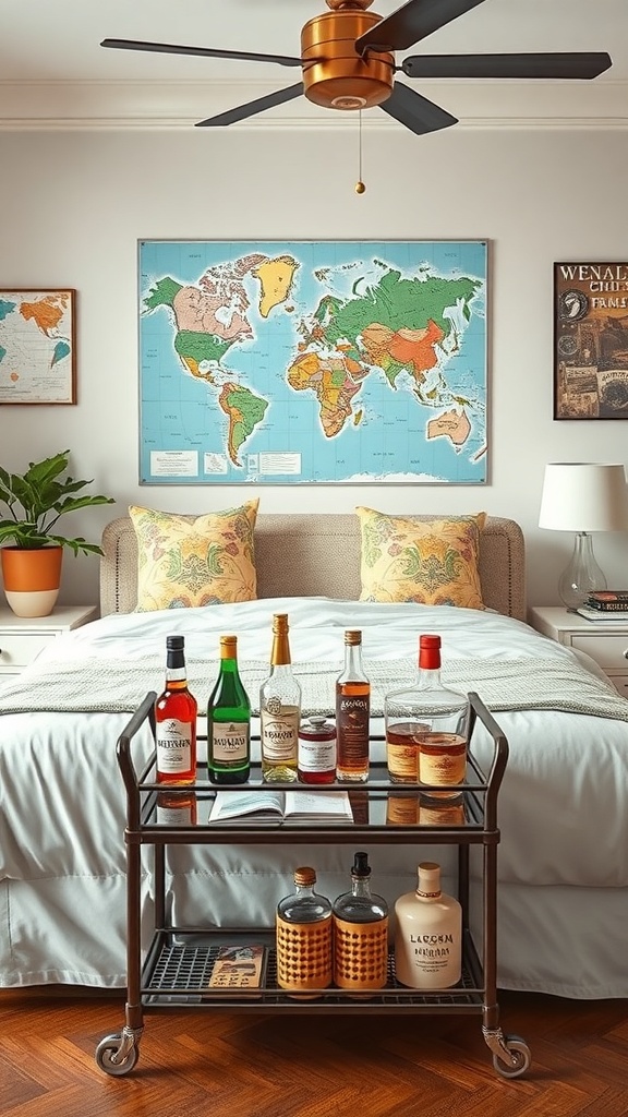 A travel-inspired bar cart with various spirits, a world map on the wall, and a cozy bedroom setting.