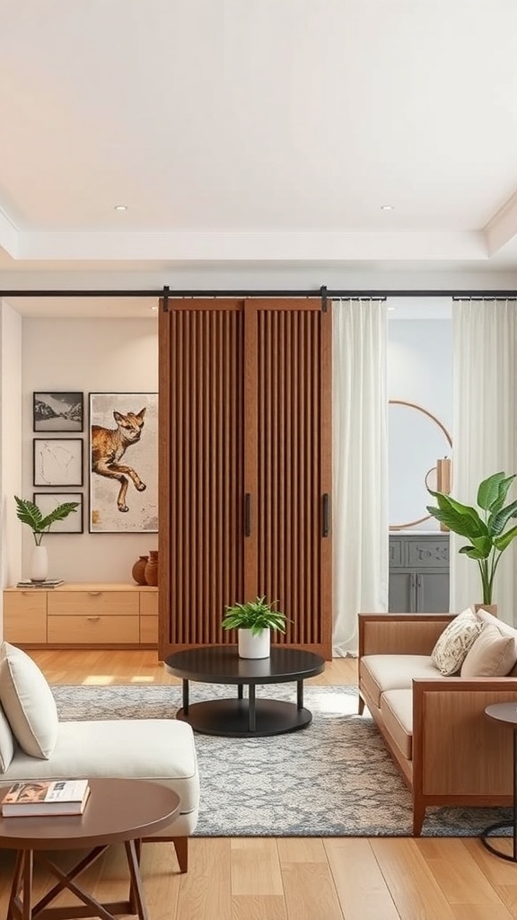 A stylish wooden sliding partition in a modern living room, separating two spaces, with an inviting decor setup.
