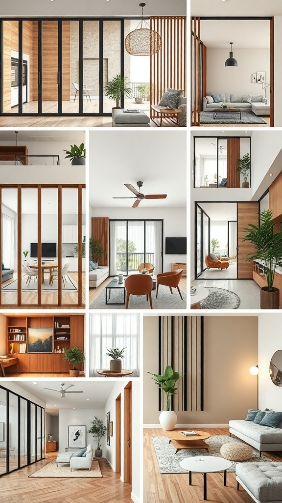 Collage of wood and glass partition designs showcasing various interior spaces.
