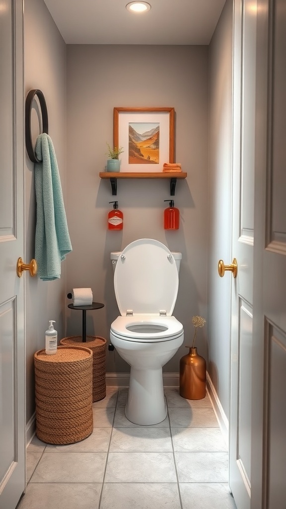 A small and stylish toilet room featuring trendy accessories such as a wall-mounted shelf, decorative plants, and storage baskets.