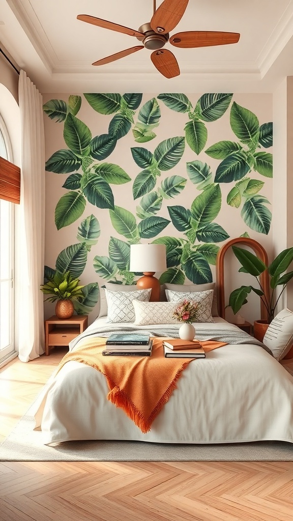A beautifully decorated bedroom with tropical leaf wallpaper, wooden accents, and cozy bedding.