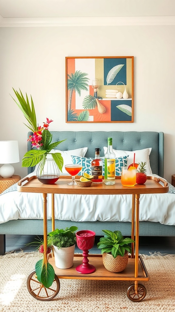 A stylish bar cart with tropical decor, featuring exotic spirits and fresh fruits.