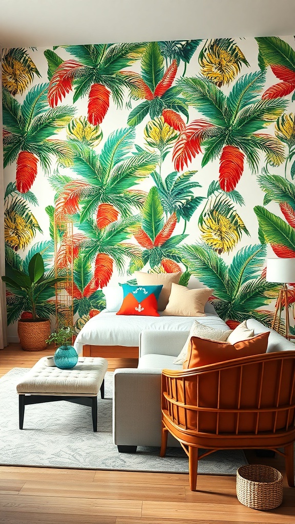 A living room with tropical palm print wallpaper, featuring a cozy sofa, stylish chairs, and vibrant decor.