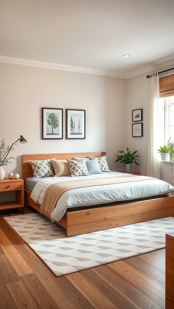 Cozy bedroom with a bed and decorative pillows, showcasing a warm and inviting atmosphere.