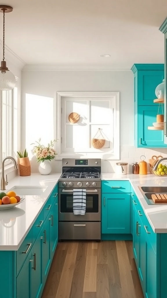 A bright kitchen featuring turquoise cabinets and white countertops, with natural light streaming in.