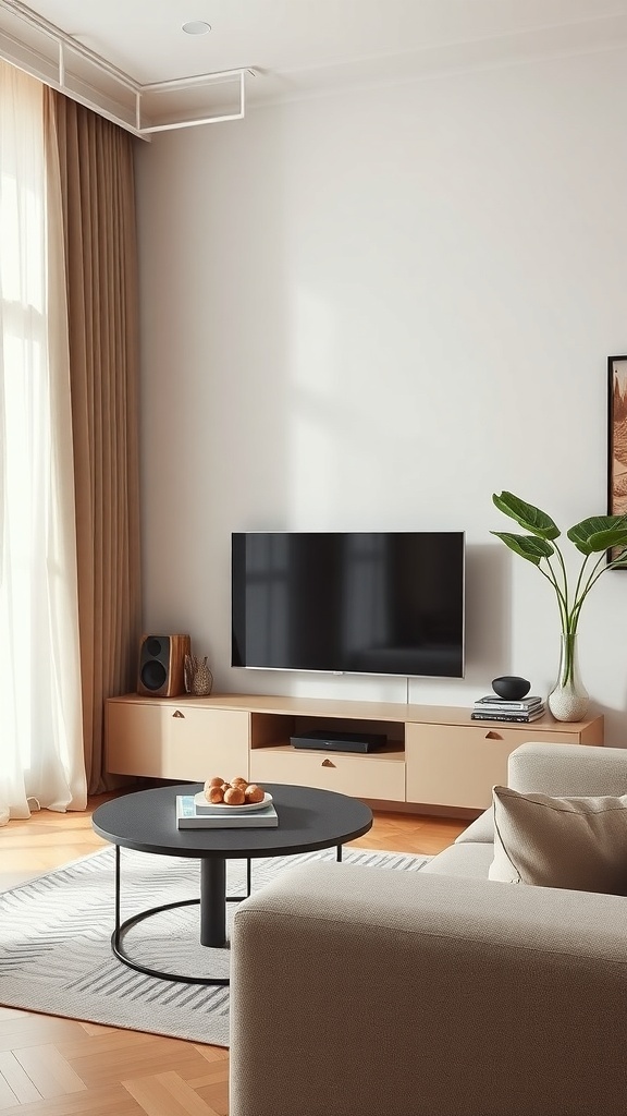 A cozy living room featuring a small TV unit with integrated speakers, a flat-screen TV, and a stylish coffee table.