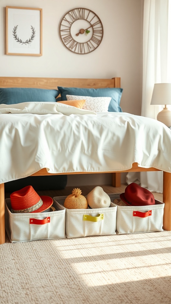Under-bed storage bins with colorful handles holding various hats