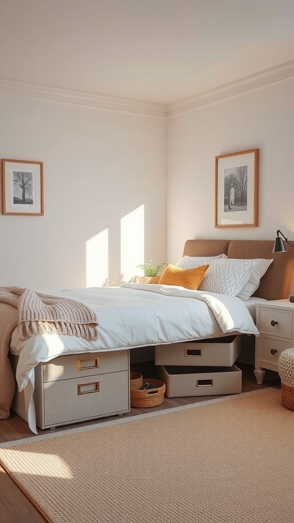 A cozy tiny bedroom with a bed featuring stylish under-bed storage drawers and decorative baskets.