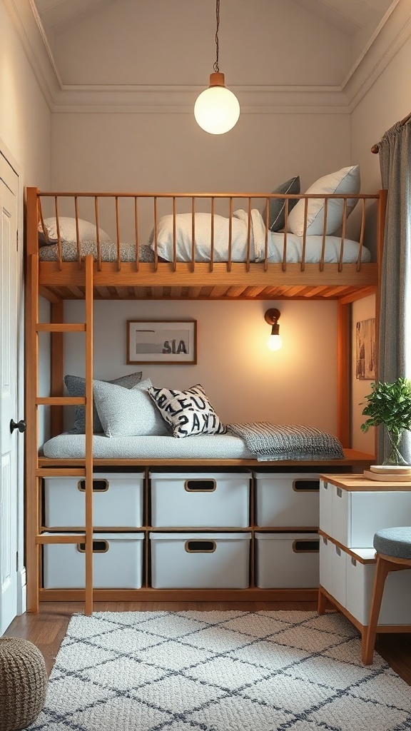 A cozy small bedroom with a lofted bed and under-bed storage bins.