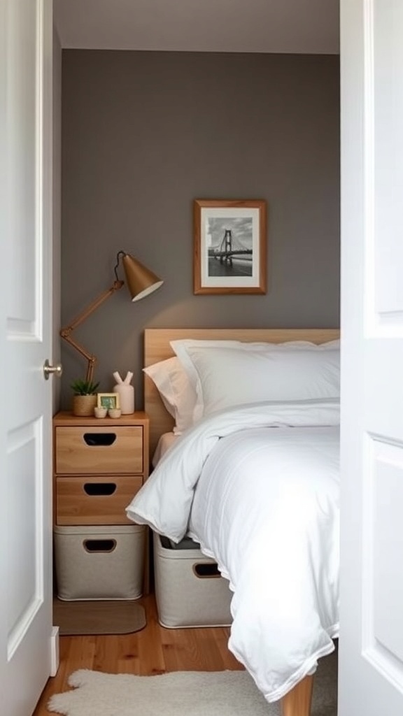 A cozy tiny bedroom featuring under-bed storage and stylish decor.