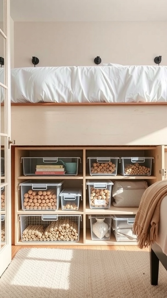 Organized under-bed storage with clear plastic bins and a raised bed