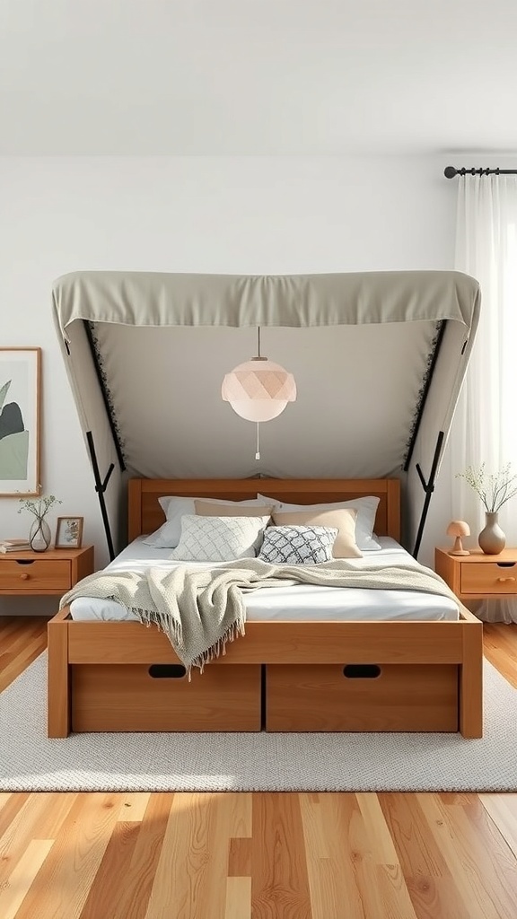A stylish bed with under-bed storage drawers and neutral decor.
