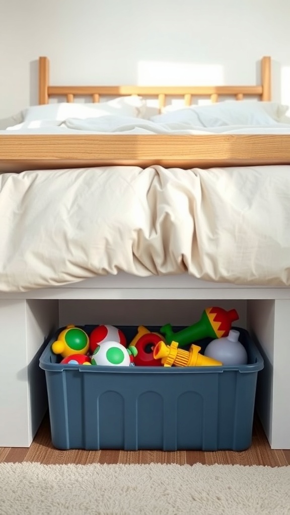 A plastic bin filled with colorful toys stored under a bed.