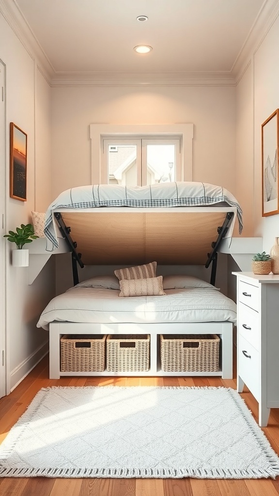 A cozy bedroom featuring a lift-up bed with baskets underneath for storage.