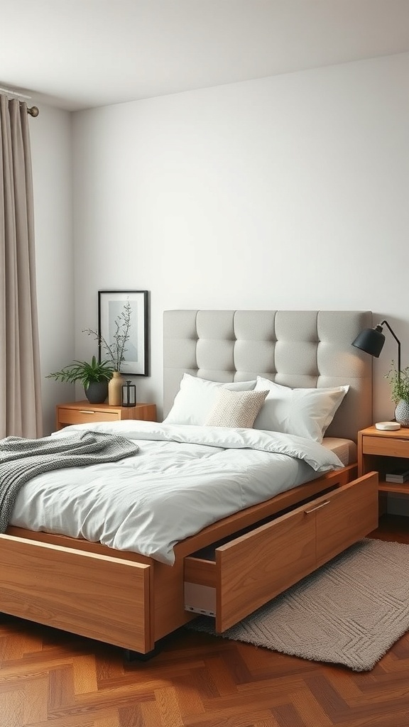 Modern bedroom featuring a bed with under-bed storage drawers