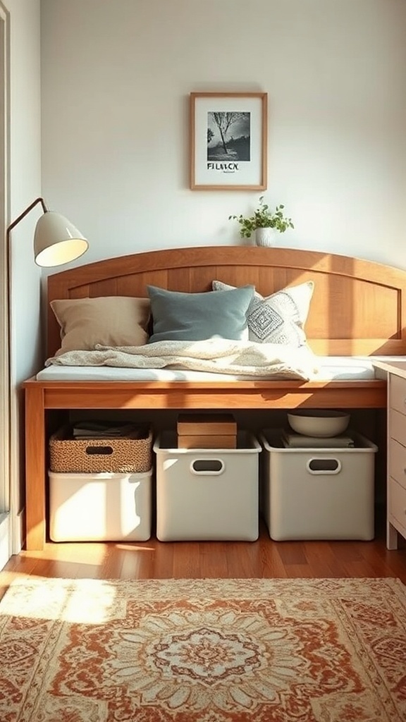 A bedroom featuring a wooden bed with under-bed storage bins, including decorative boxes and a cozy setup.