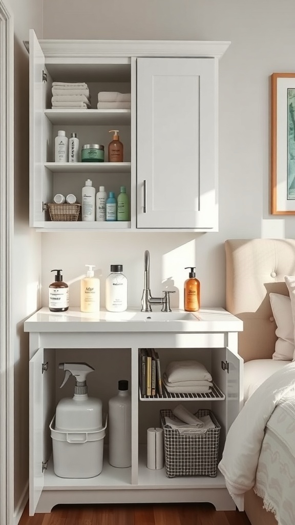 Organized under-sink bathroom cabinet with towels and skincare products.