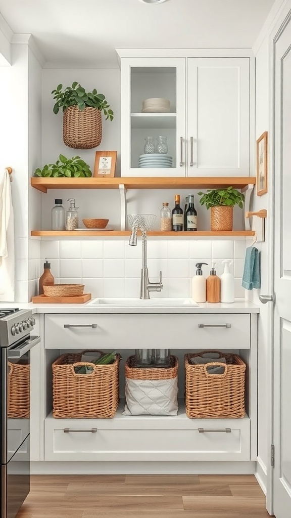 A bright and organized kitchen area featuring under-sink storage solutions.