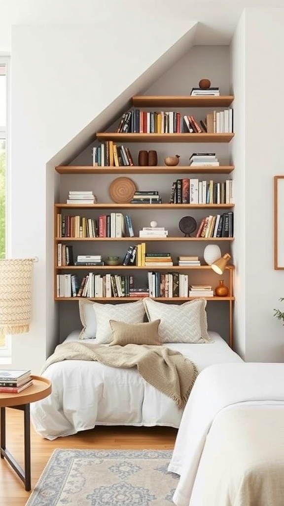 Under-stair shelving with books and decorative items in a cozy bedroom setting.