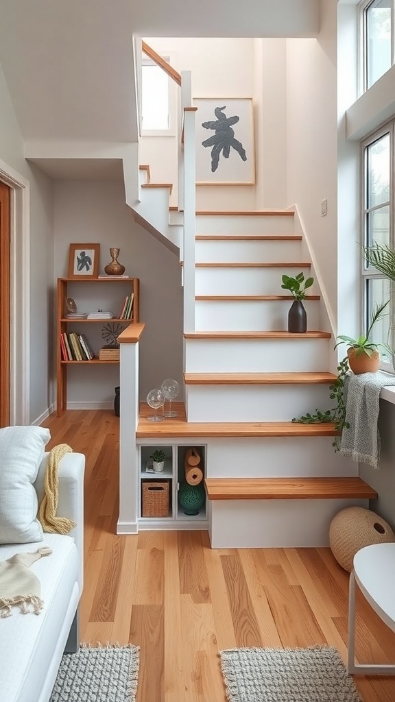 Stylish staircase with under-stair storage and decorative elements.
