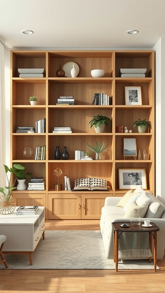 Image of a wooden shelf partition displaying books, ornamental items and plants, with a cozy living room setting.