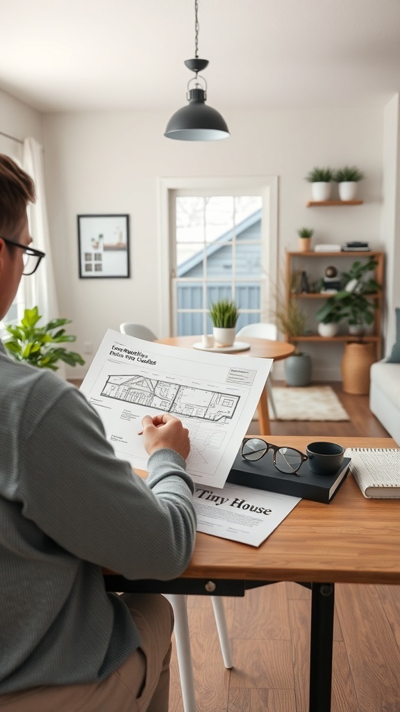 A person reviewing blueprints for a tiny house, emphasizing the planning stage in building regulations.
