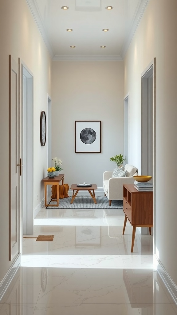 A bright and airy tiny hallway with light glossy flooring and minimalist furnishings.