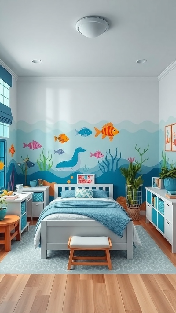 A children's room with an underwater theme, featuring colorful fish on the walls, a cozy bed, and playful furniture.