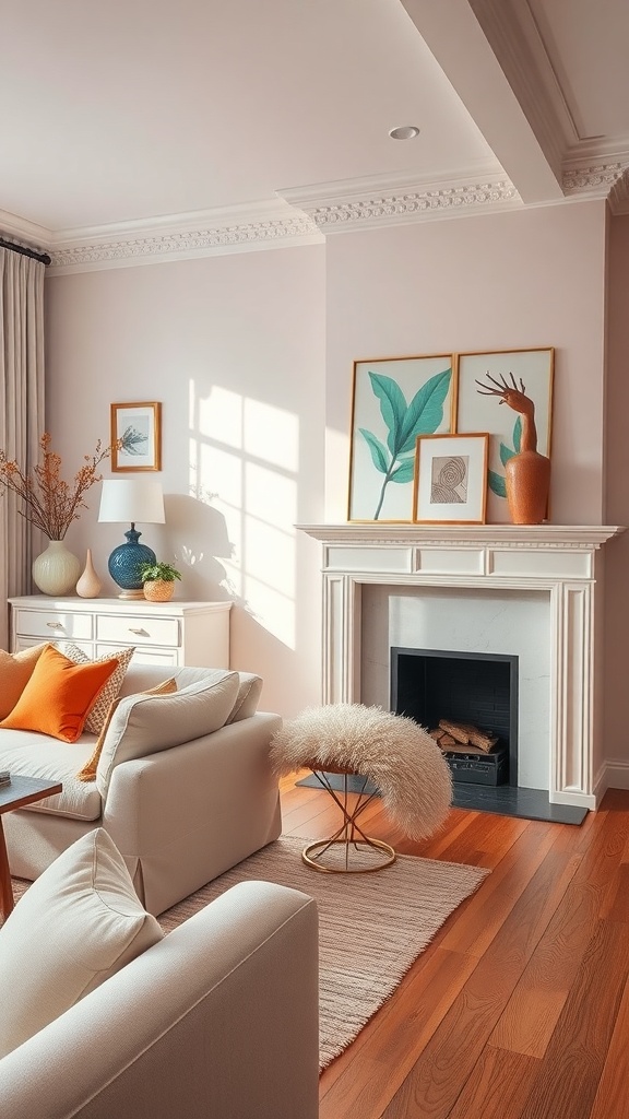 A colorful living room featuring neutral furniture, vibrant orange pillows, and unique decorative accents like wall art and vases.
