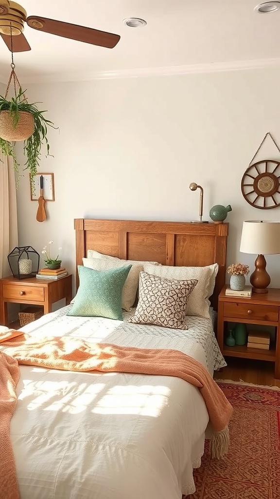 Cozy boho bedroom with wooden nightstands and decorative items