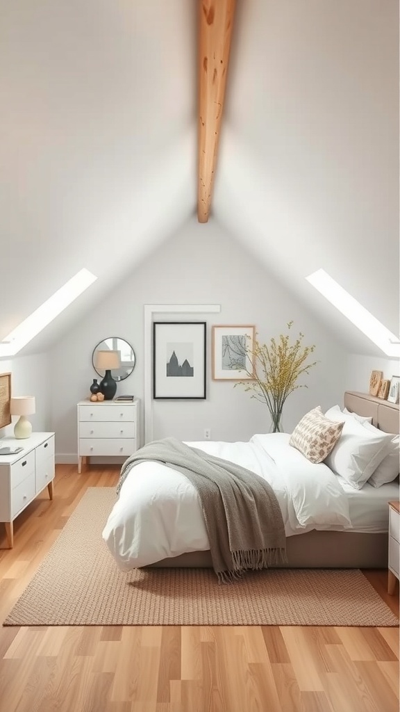 A cozy tiny attic bedroom with sloped ceilings, featuring a bed, wall art, and natural decor.